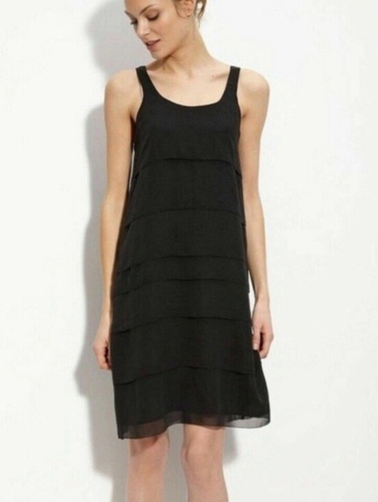 Eileen Fisher Dresses & Skirts - Eileen Fisher 100% Silk Georgette Ruffled Layered Dress XL Black Lightweight